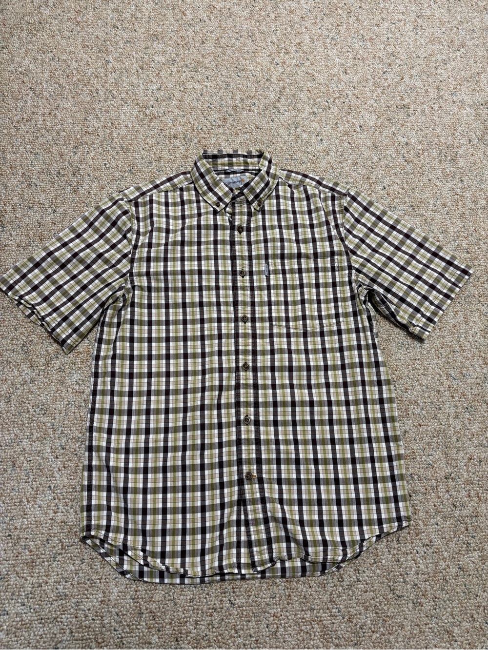 Carhartt Relaxed Fit Mens Medium Plaid Button Short Sleeve Casual Shirt Green